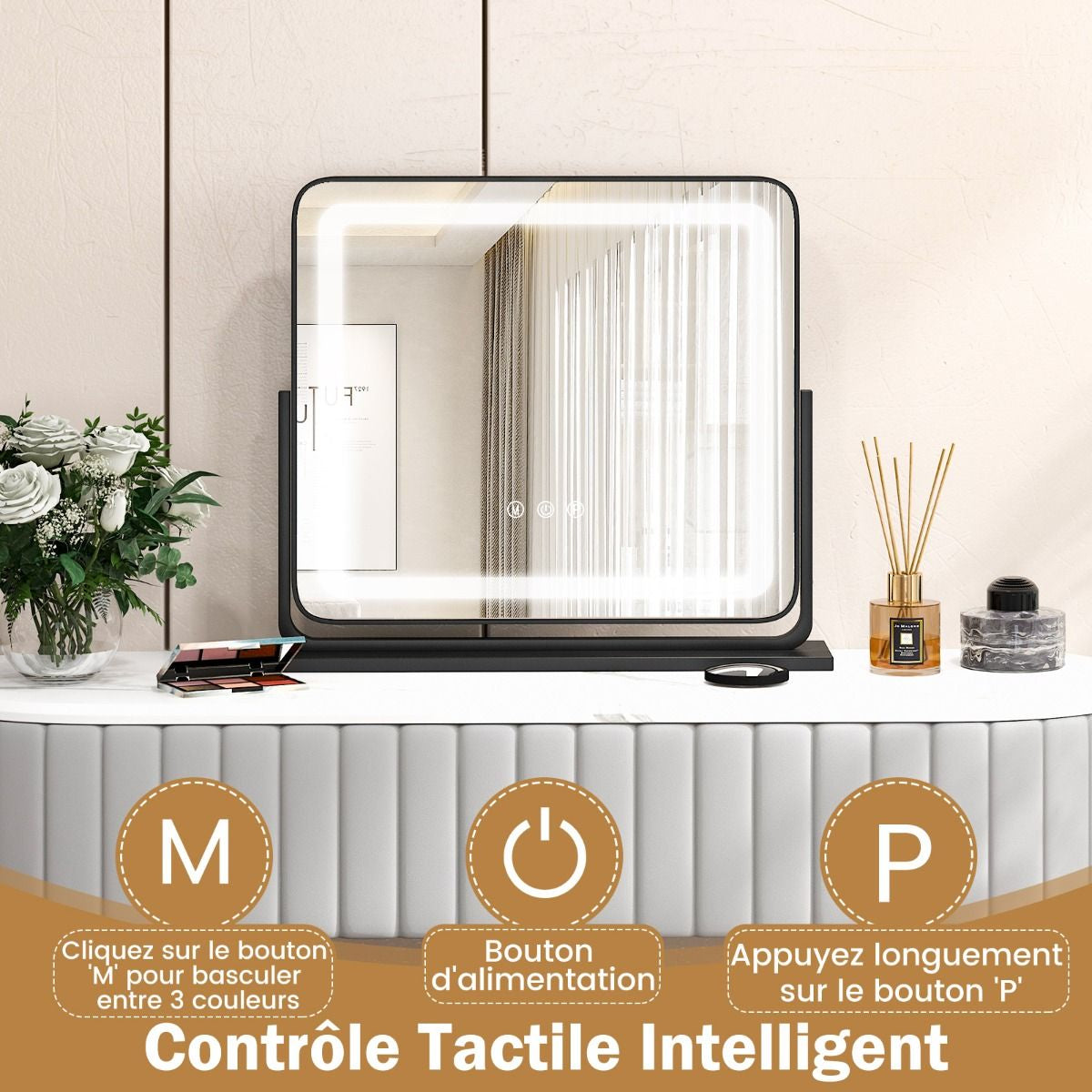 Miroir De Maquillage LED Lumineux Tactile 5 X Grossissement L56 X L48 CM Rotation 360° 3 Couleurs Eclairage