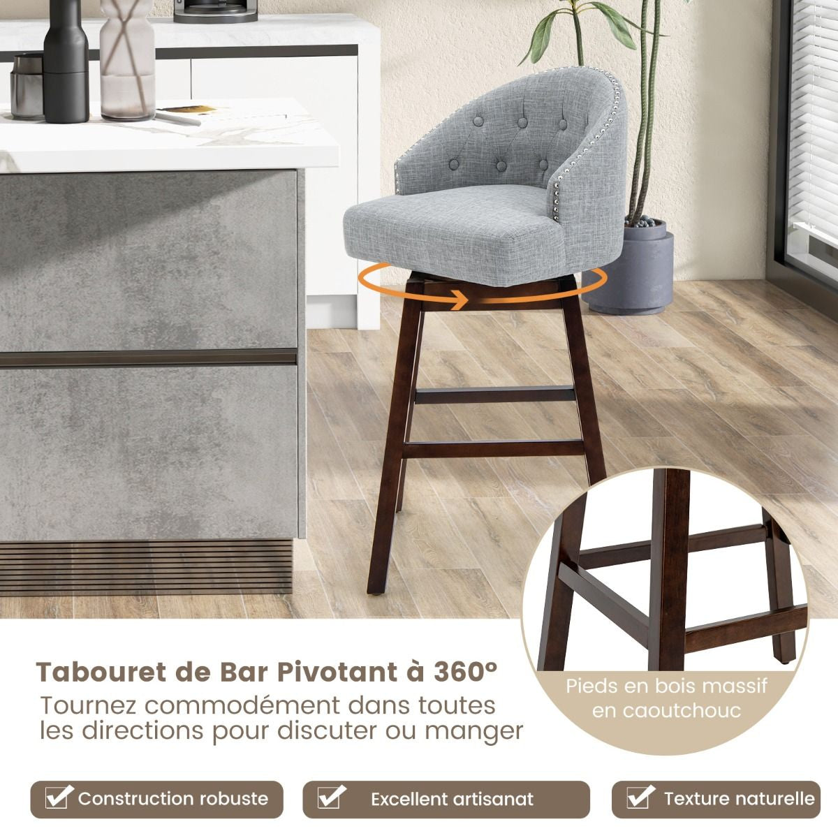 2 Chaises De Bar Pivotantes Pieds En Bois D'Hévéa Dossier Rembourré Tissu En Lin Respirant Design Capitonné Rivets Élégants Patins Réglables Gris/Beige