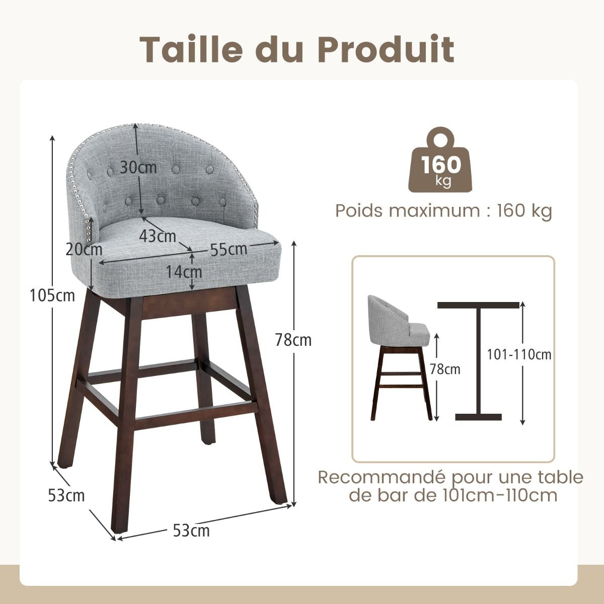 2 Chaises De Bar Pivotantes Pieds En Bois D'Hévéa Dossier Rembourré Tissu En Lin Respirant Design Capitonné Rivets Élégants Patins Réglables Gris/Beige