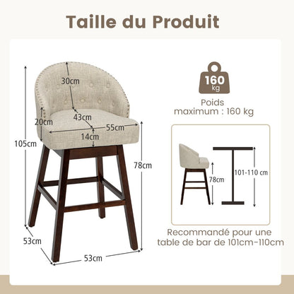 2 Chaises De Bar Pivotantes Pieds En Bois D'Hévéa Dossier Rembourré Tissu En Lin Respirant Design Capitonné Rivets Élégants Patins Réglables Gris/Beige