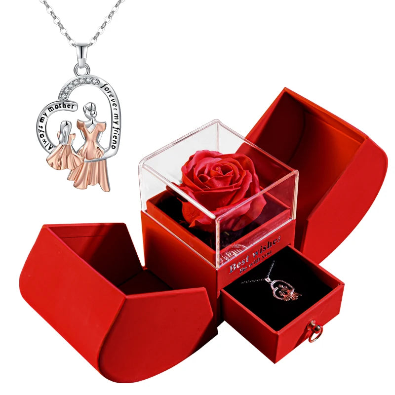 Collier pendentif Saint-Valentin avec boîte cadeau en forme de rose éternelle en savon – Bijou élégant pour femme, idéal pour offrir à quelqu'un de chère à l’occasion des fêtes