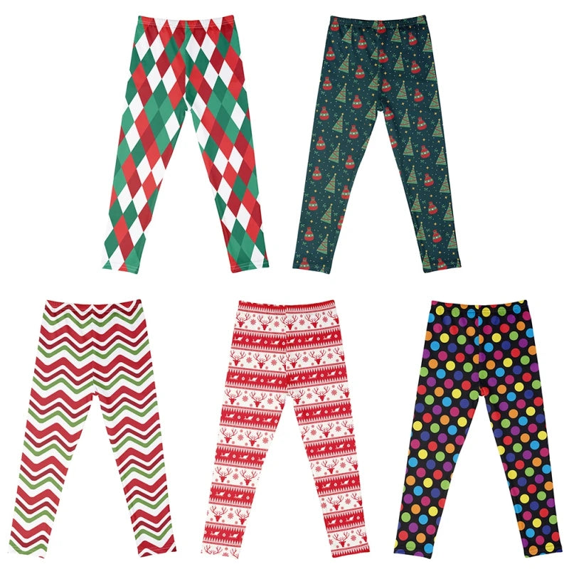 Autumn Winter 4-10Y Girls Wearing High Elasticity Leggings Tight Fitting Holiday Christmas Printed Sports Pants