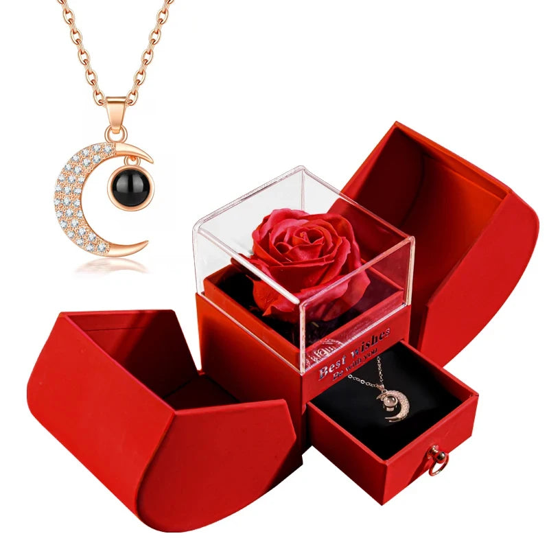 Collier pendentif Saint-Valentin avec boîte cadeau en forme de rose éternelle en savon – Bijou élégant pour femme, idéal pour offrir à quelqu'un de chère à l’occasion des fêtes