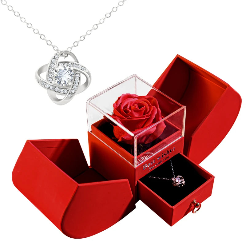 Collier pendentif Saint-Valentin avec boîte cadeau en forme de rose éternelle en savon – Bijou élégant pour femme, idéal pour offrir à quelqu'un de chère à l’occasion des fêtes