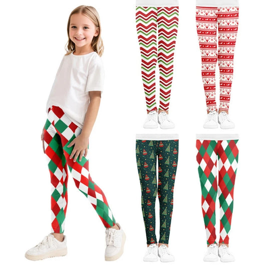 Autumn Winter 4-10Y Girls Wearing High Elasticity Leggings Tight Fitting Holiday Christmas Printed Sports Pants