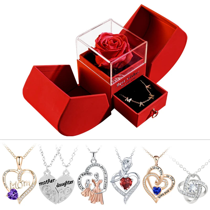 Collier pendentif Saint-Valentin avec boîte cadeau en forme de rose éternelle en savon – Bijou élégant pour femme, idéal pour offrir à quelqu'un de chère à l’occasion des fêtes