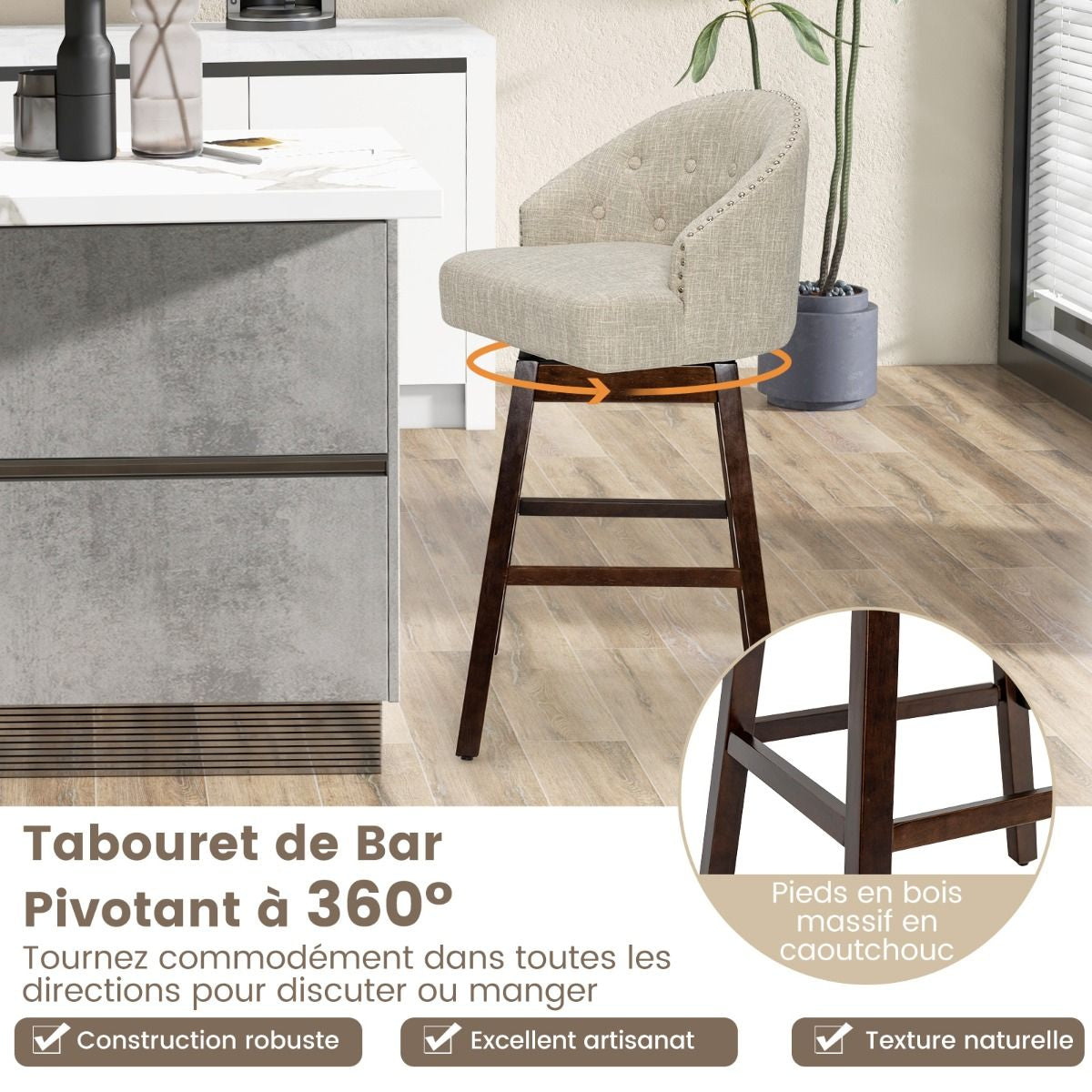 2 Chaises De Bar Pivotantes Pieds En Bois D'Hévéa Dossier Rembourré Tissu En Lin Respirant Design Capitonné Rivets Élégants Patins Réglables Gris/Beige