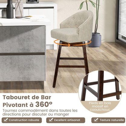 2 Chaises De Bar Pivotantes Pieds En Bois D'Hévéa Dossier Rembourré Tissu En Lin Respirant Design Capitonné Rivets Élégants Patins Réglables Gris/Beige